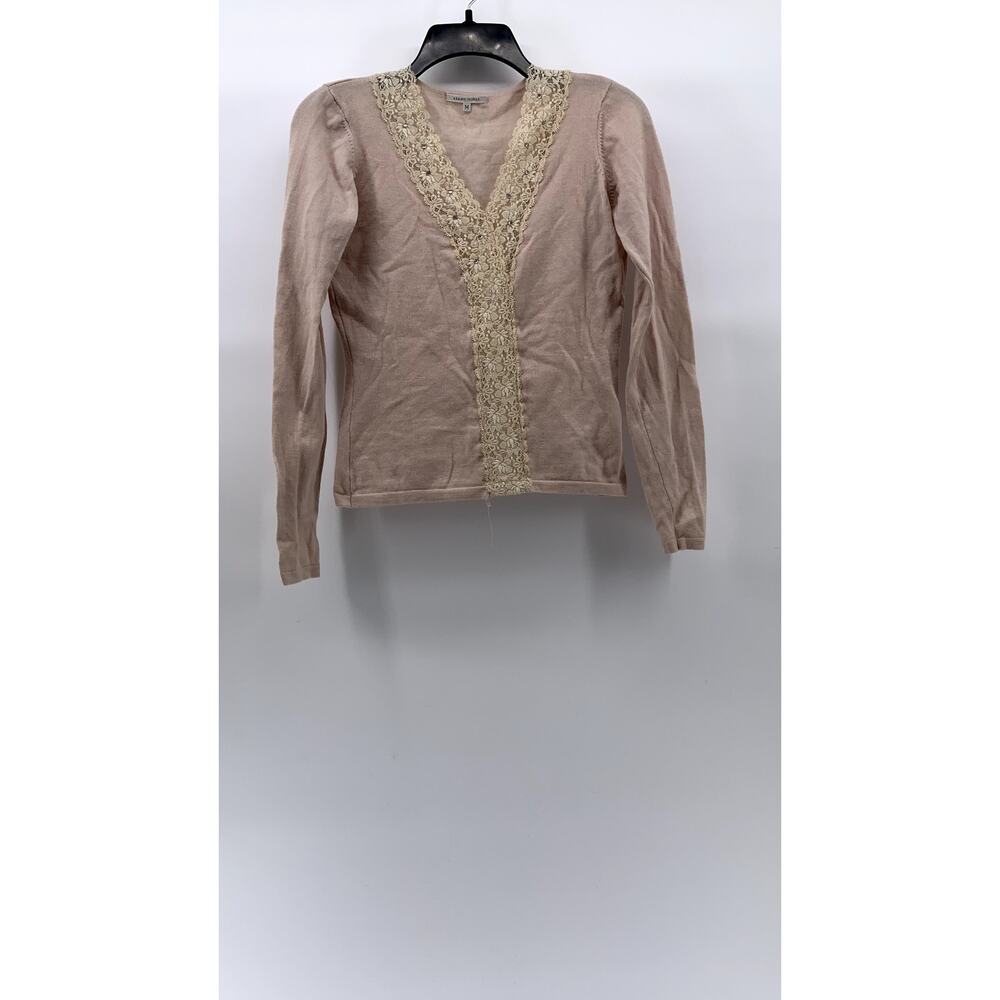 ARMAND VENTILO Women's Light Pink-Beige Wool-Blend V-Neck Lace-Trim Sweater SZ M